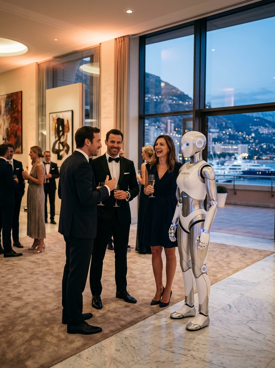 Humanoid robot naturally interacting with people at a Monaco event